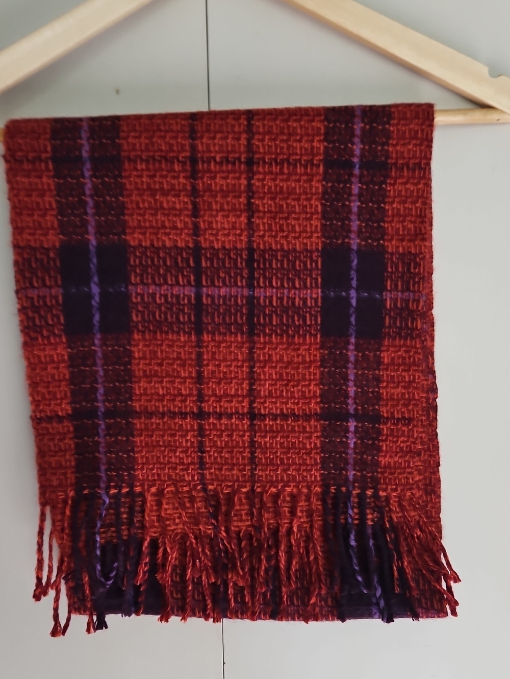 Plaid Fringed Hand Woven Scarf in Burnt Orange & Purple